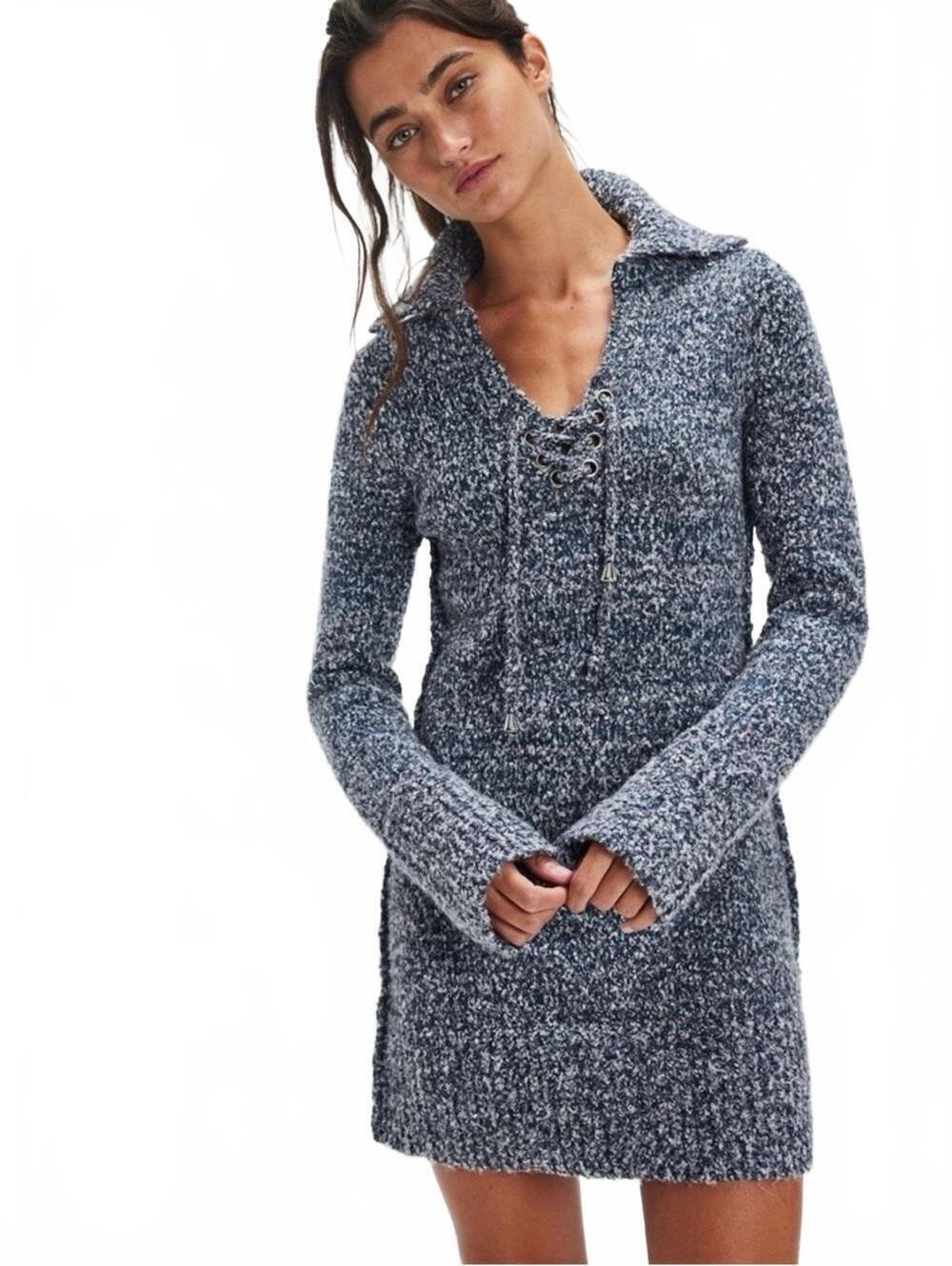Free People Milena Long Sleeve Mini Sweater Dress, Navy Combo $168 SIZE XS #1359